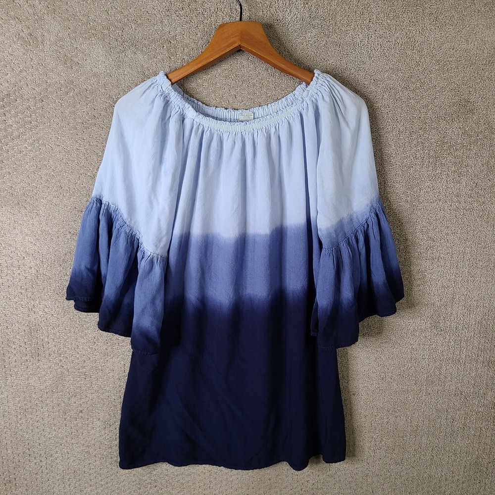 Ace Fashion Shirt Womens‎ Medium Blue Flared Sleeve Witchy Goth Rayon Round Neck